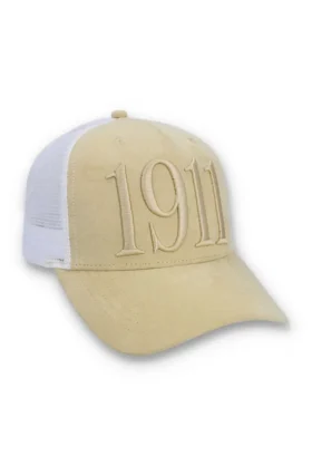 Gorra clásica Hazza Large 1911 de color beige con parte trasera de malla y bordado
