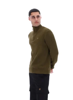 Jersey de punto texturizado con cuello de embudo y cremallera de 1/4 Stevie en verde oliva oscuro